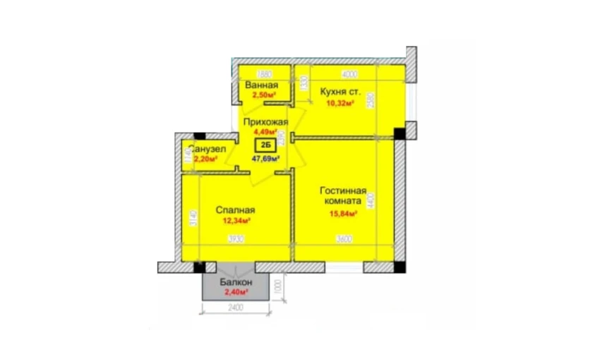 2-комнатная квартира 47.69 м²  5/6 этаж | Жилой комплекс Taqachi