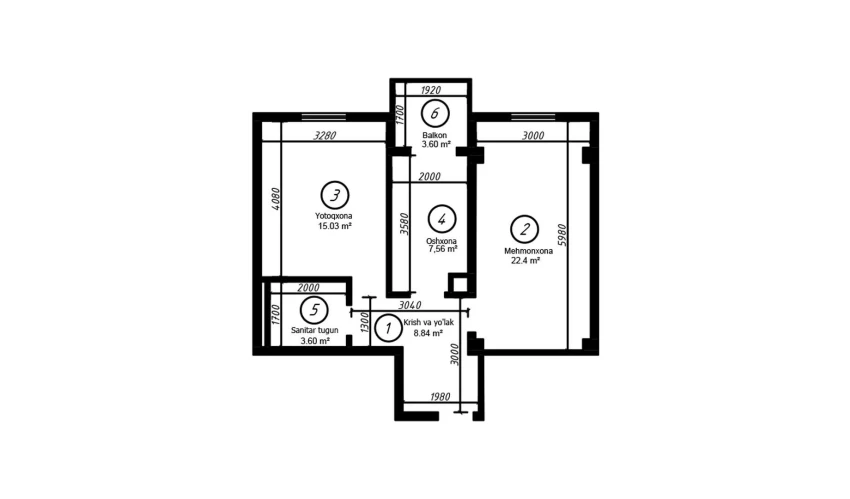 2-xonali xonadon 57 m²  6/8 qavat | YASHIL VODIY RESIDENCE Turar-joy majmuasi