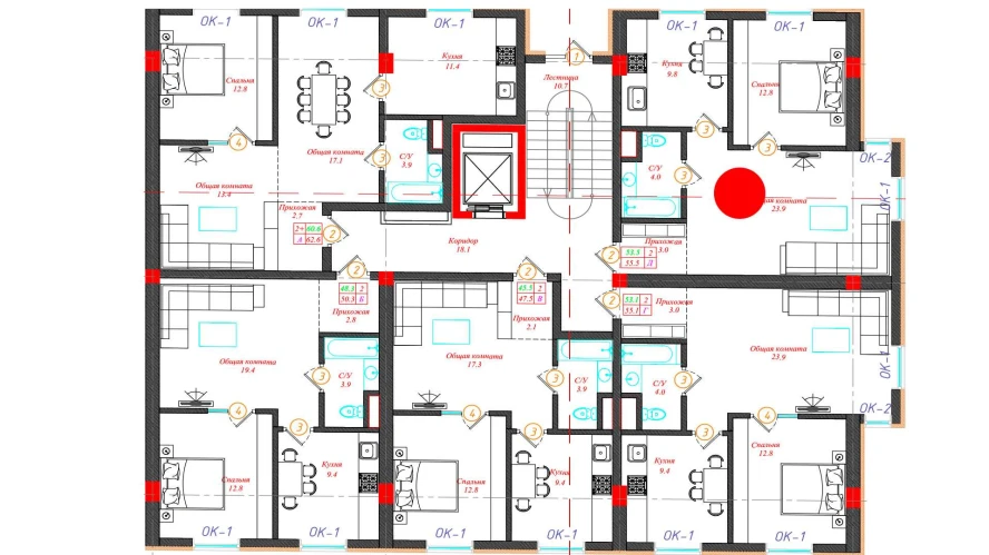 2-xonali xonadon 55.5 m²  1/12 qavat | CHINARA PARK Turar-joy majmuasi