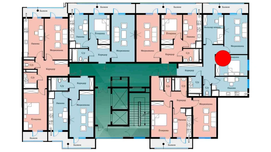 3-xonali xonadon 69.07 m²  16/16 qavat | SOKIN DIYOR Turar-joy majmuasi