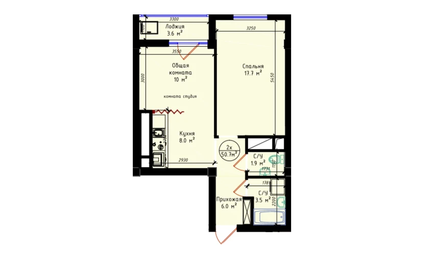 2-комнатная квартира 50.7 м²  17/23 этаж | Жилой комплекс BRILLIANT CITY AC