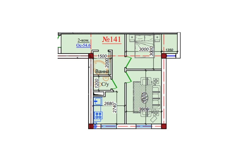 2-xonali xonadon 54.6 m²  1/9 qavat | ZAR ZAMONAVIY UYLAR Turar-joy majmuasi