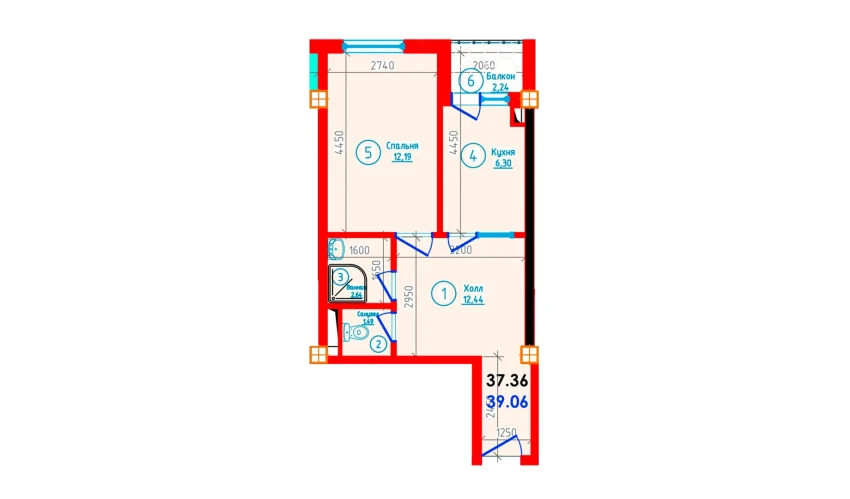 1-комнатная квартира 39.06 м²  12/12 этаж | Жилой комплекс S-Tower