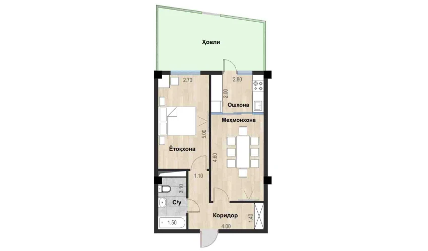 2-xonali xonadon 44.25 m²  1/7 qavat | Bochka Resort Turar-joy majmuasi