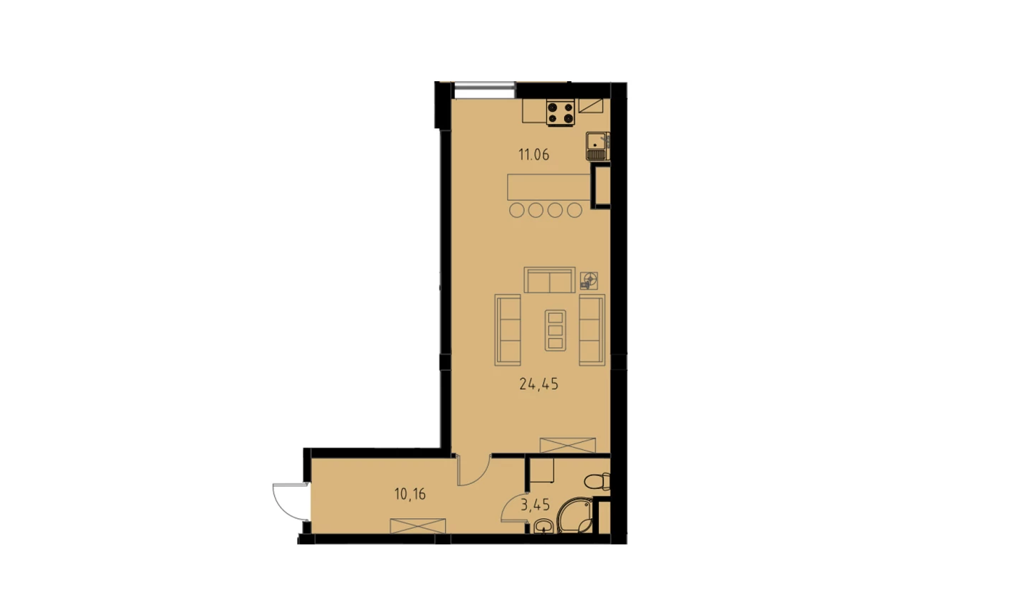 1-xonali xonadon 49.68 m²  2/9 qavat | MINGCHINOR Turar-joy majmuasi