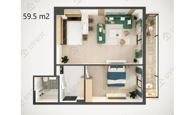 2-xonali xonadon 59.5 m²  1/12 qavat | MODERN SERGELI Turar-joy majmuasi