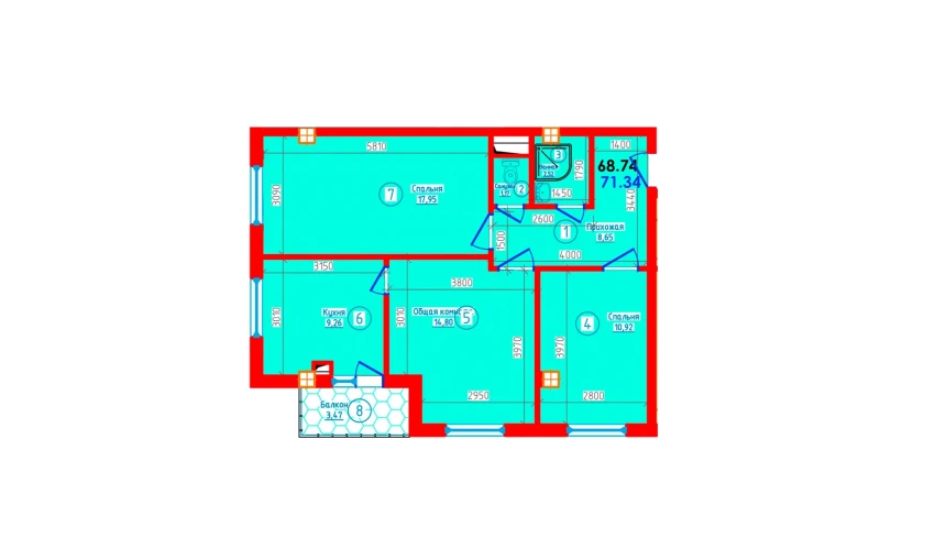 3-комнатная квартира 71.34 м²  4/12 этаж | Жилой комплекс S-Tower