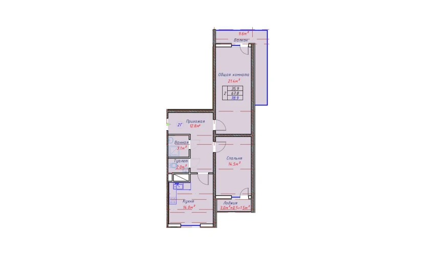 2-комнатная квартира 72.4 м²  16/16 этаж | Жилой комплекс TRINITY