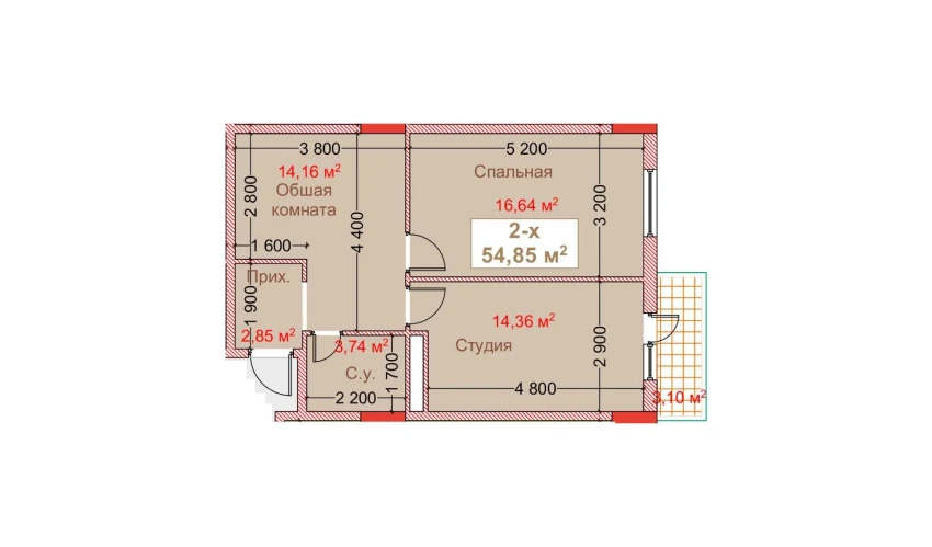 2-комнатная квартира 54.85 м²  8/8 этаж | Жилой комплекс CAPITAL AVENUE