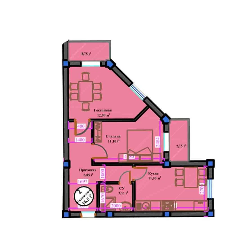 2-комн. квартира 59.3 м²  3/11 этаж | Жилой комплекс ANHOR AVENUE