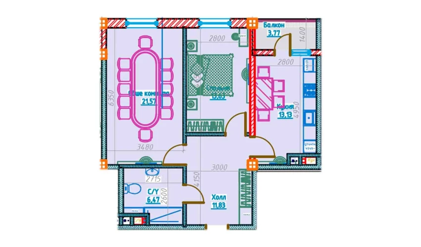 2-xonali xonadon 66.54 m²  11/13 qavat | Al-Qasr Turar-joy majmuasi