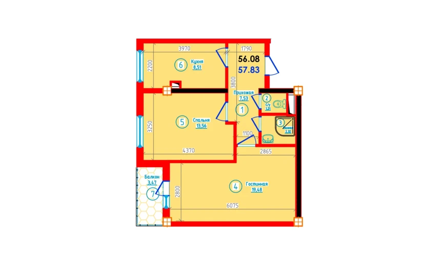 2-комнатная квартира 57.83 м²  7/12 этаж | Жилой комплекс S-Tower