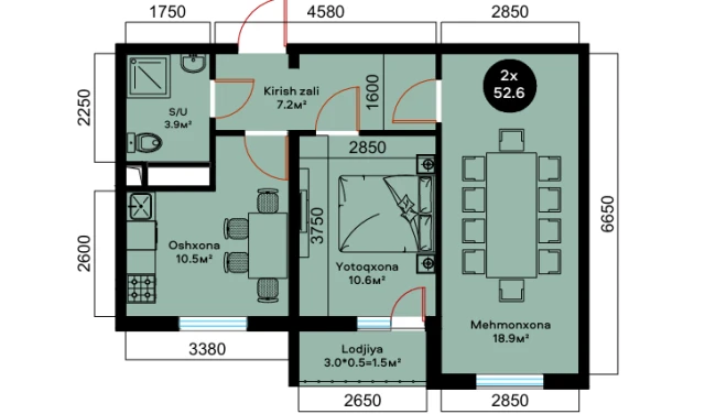 2-комнатная квартира 52.6 м²  2/9 этаж | Жилой комплекс YAQINLAR
