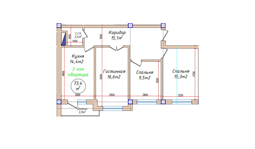 3-комнатная квартира 73.4 м²  2/5 этаж | Жилой комплекс Oq mahalla