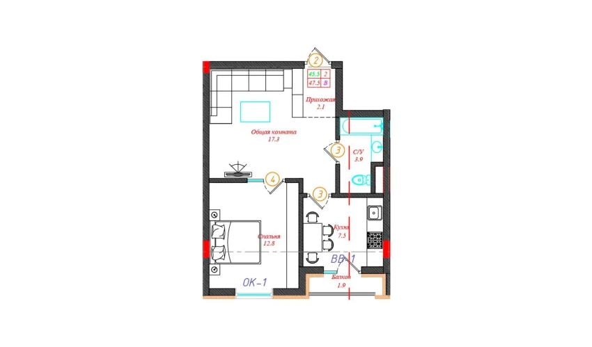 2-xonali xonadon 47.5 m²  3/12 qavat | CHINARA PARK Turar-joy majmuasi