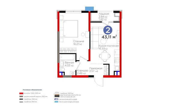 2-xonali xonadon 43.11 m²  5/9 qavat | BI Sad'O Turar-joy majmuasi