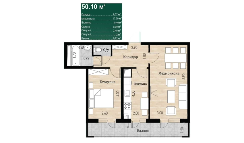 2-xonali xonadon 50.1 m²  1/16 qavat | SOKIN DIYOR Turar-joy majmuasi