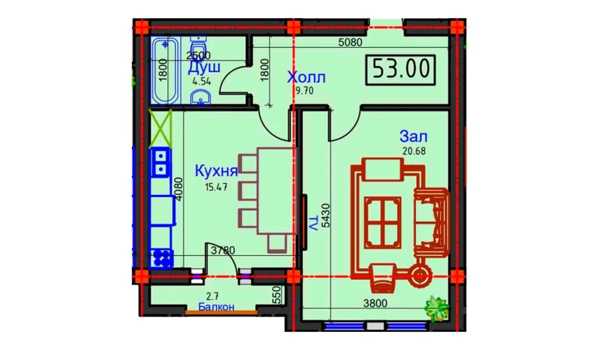 1-комнатная квартира 53 м²  2/9 этаж | Жилой комплекс BAHOR