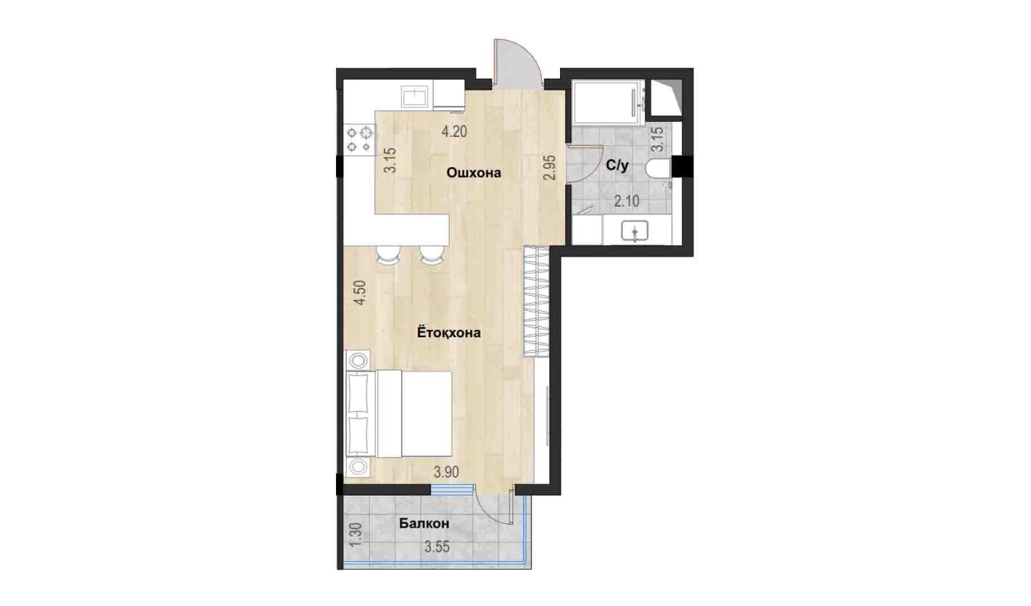 1-xonali xonadon 41.56 m²  6/7 qavat | Bochka Resort Turar-joy majmuasi