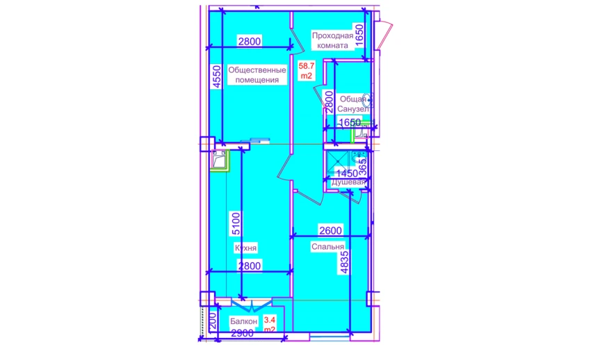 2-комнатная квартира 58.7 м²  8/10 этаж | Жилой комплекс ORZULAR MASKANI