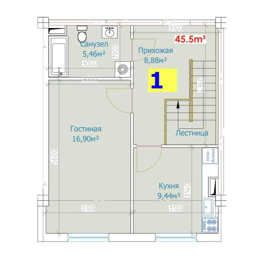 1-xonali xonadon 95.5 m²  1/9 qavat | YANGI AVLOD Turar-joy majmuasi