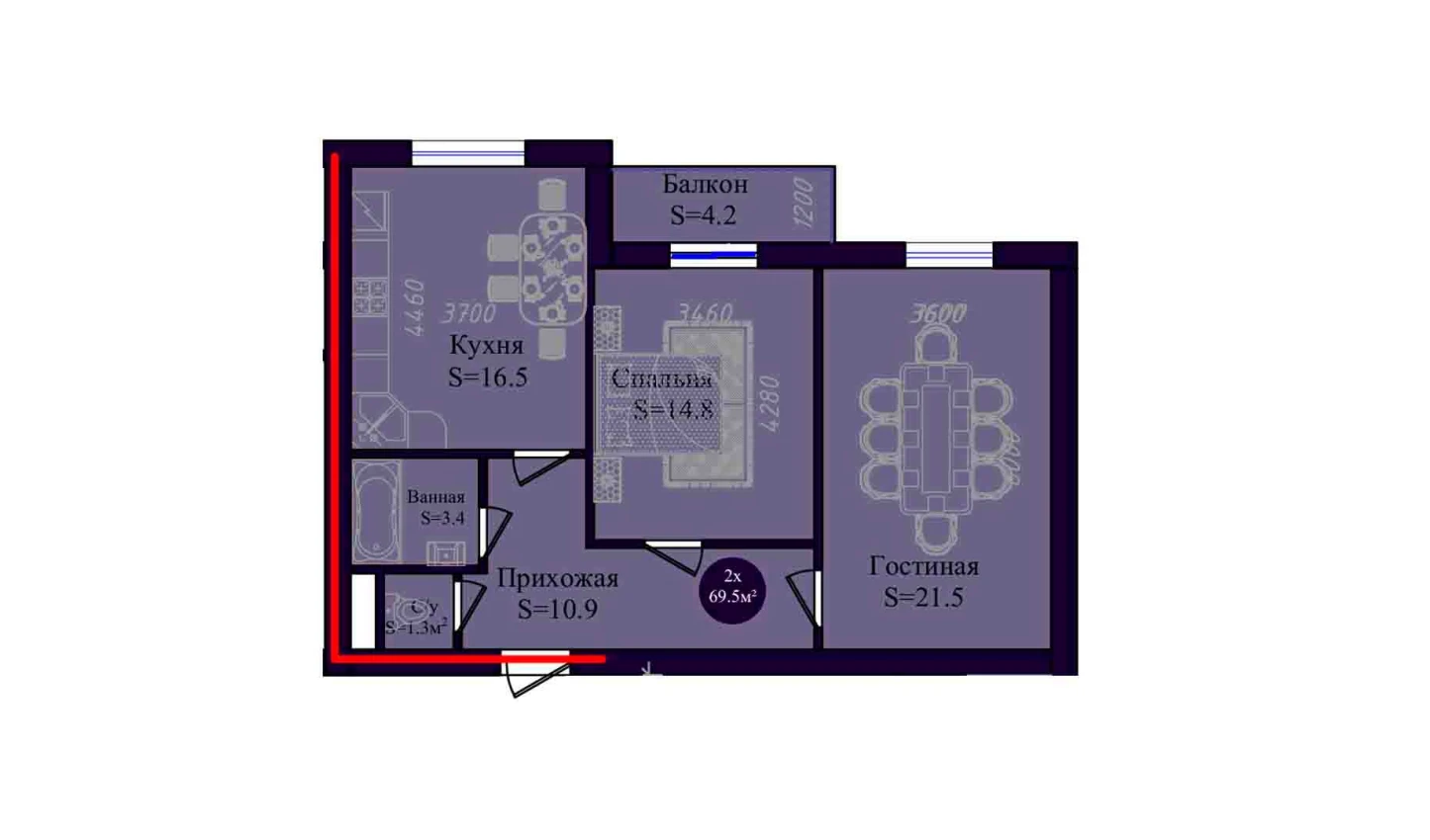 2-комн. квартира 69.5 м²  3/8 этаж | Жилой комплекс Navruz Avenue