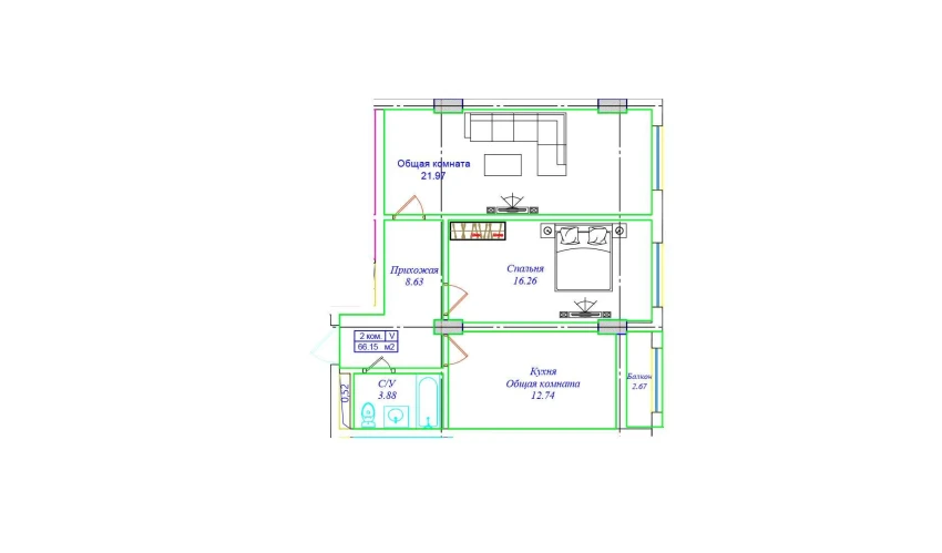 2-комнатная квартира 66.15 м²  4/9 этаж | Жилой комплекс UCHTEPA CITY