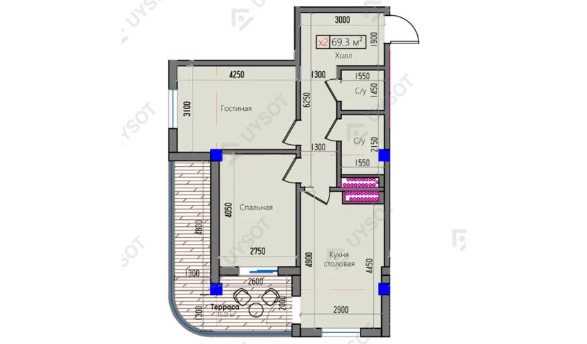 2-комнатная квартира 69.3 м²  2/16 этаж | Жилой комплекс Park Avenue