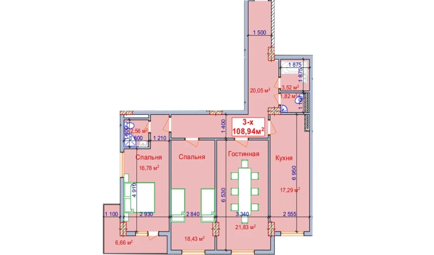 3-xonali xonadon 108.94 m²  2/9 qavat | SHAYX-UL OLAM Turar-joy majmuasi