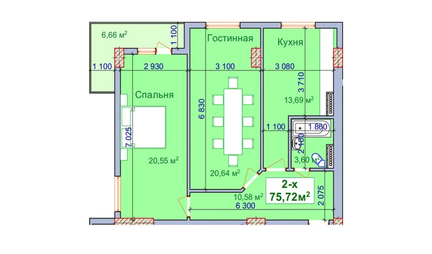 2-xonali xonadon 75.72 m²  9/9 qavat | SHAYX-UL OLAM Turar-joy majmuasi