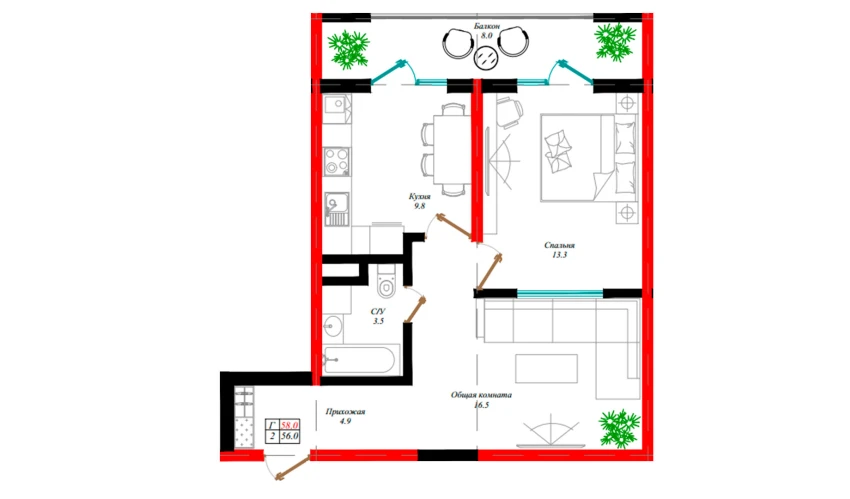 2-xonali xonadon 56 m²  3/12 qavat | Aman Residence Turar-joy majmuasi