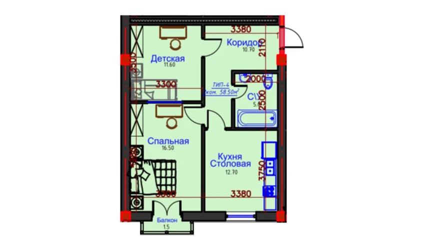 2-комнатная квартира 58.5 м²  10/10 этаж | Жилой комплекс AFROSIYOB