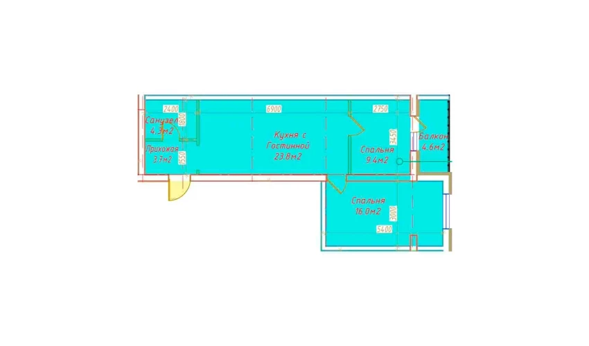 2-xonali xonadon 61.8 m²  2/16 qavat | DO'MBIROBOD RESIDENCE Turar-joy majmuasi