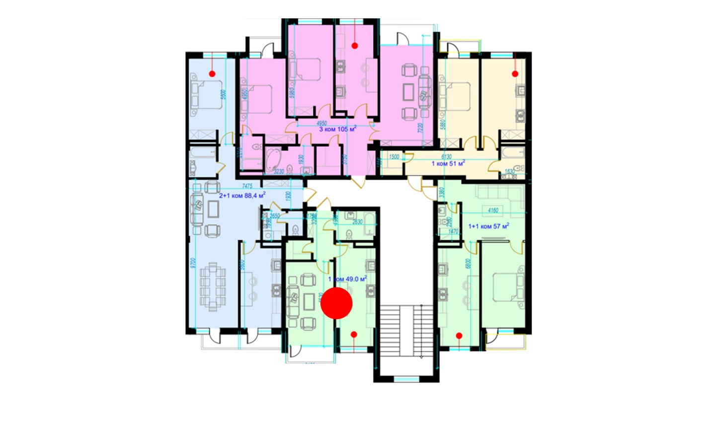 1-xonali xonadon 51.3 m²  6/9 qavat | Rohat Turar-joy majmuasi