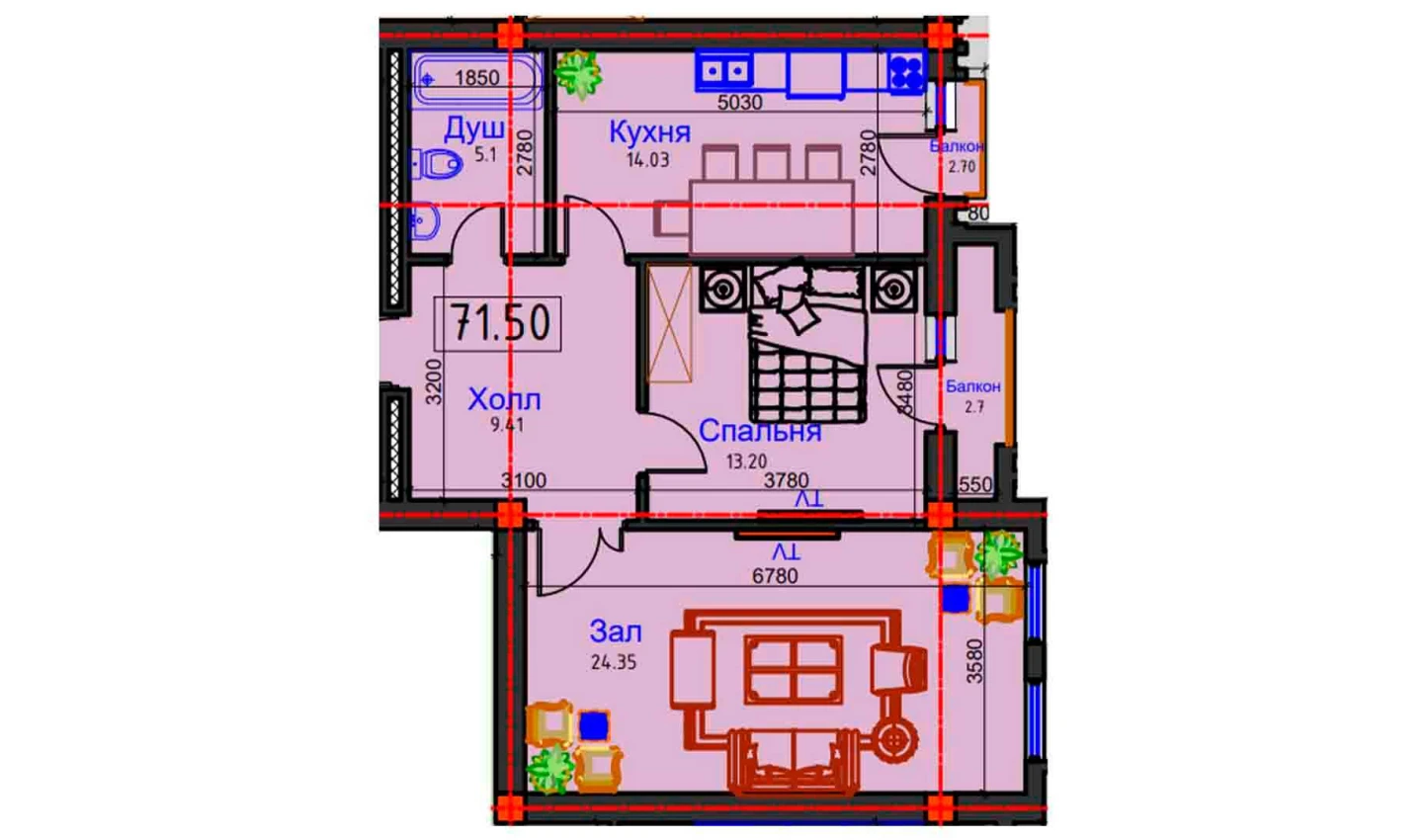 2-комн. квартира 71.5 м²  6/9 этаж | Жилой комплекс BAHOR