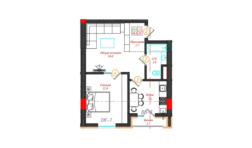 2-комнатная квартира 46.6 м²  4/12 этаж | Жилой комплекс CHINARA PARK