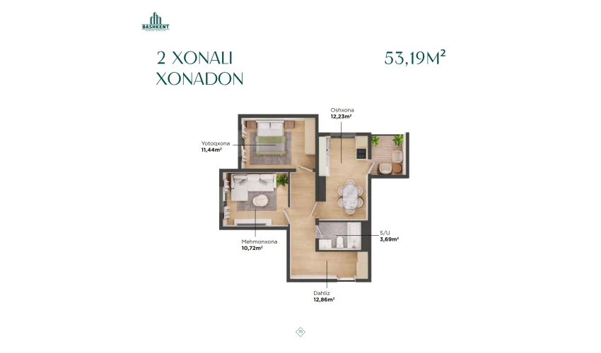2-xonali xonadon 53.19 m²  14/16 qavat | BASHKENT Turar-joy majmuasi