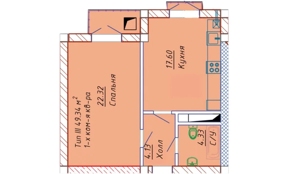 1-xonali xonadon 49.34 m²  6/10 qavat | Samarqand Park Avenue Turar-joy majmuasi