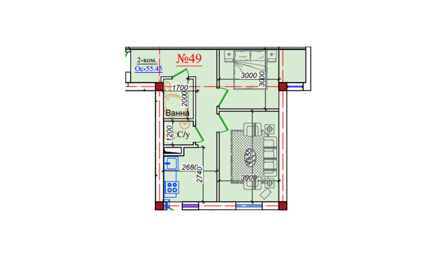 2-xonali xonadon 55.45 m²  9/9 qavat | ZAR ZAMONAVIY UYLAR Turar-joy majmuasi