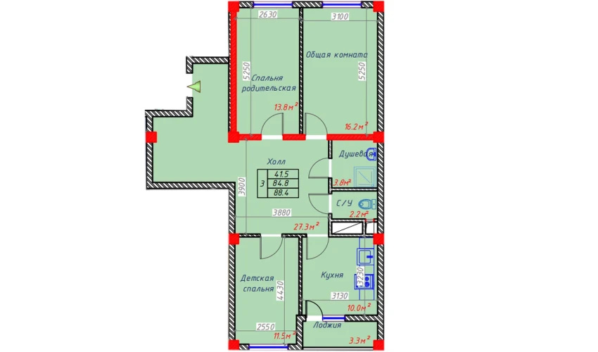 3-комнатная квартира 88.4 м²  2/9 этаж | Жилой комплекс Hakimi Towers