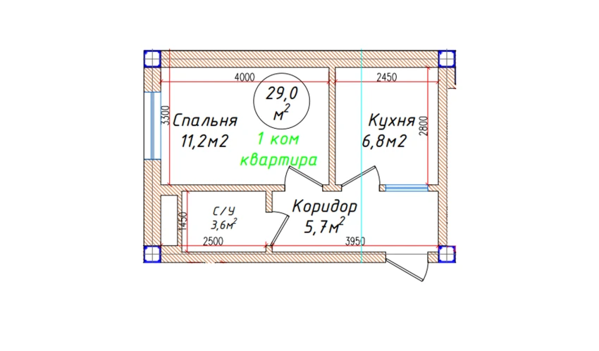 1-xonali xonadon 29 m²  2/5 qavat | Oq mahalla Turar-joy majmuasi