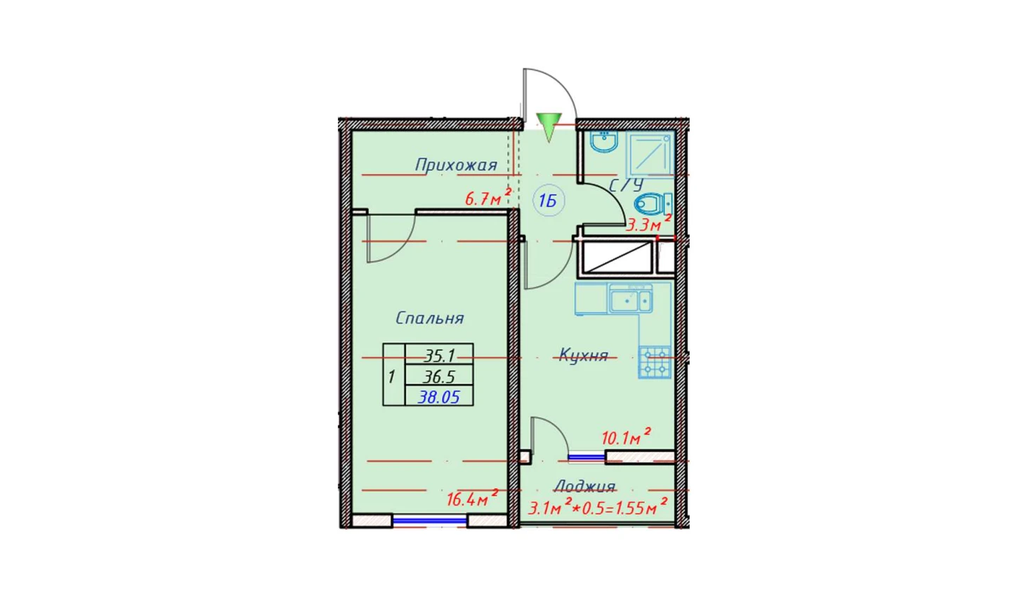 1-комн. квартира 38.05 м²  4/16 этаж | Жилой комплекс TRINITY