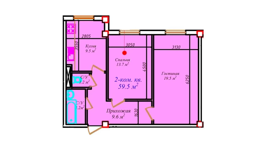 2-комнатная квартира 59.5 м²  1/7 этаж | Жилой комплекс CHIRCHIQ CITY