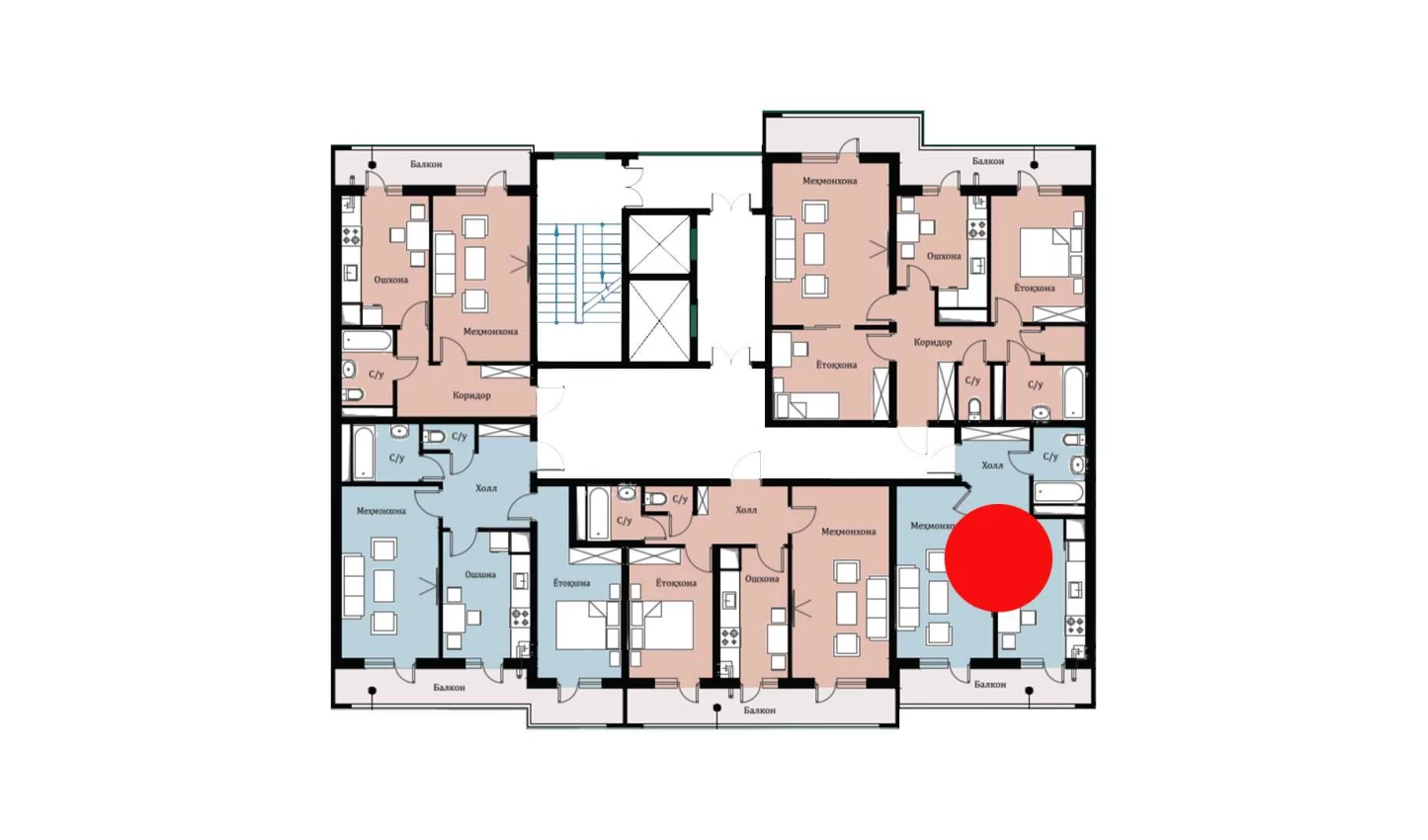 1-xonali xonadon 38.6 m²  4/16 qavat | SOKIN DIYOR Turar-joy majmuasi