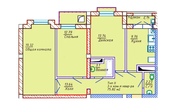 3-комнатная квартира 75.82 м²  5/10 этаж | Жилой комплекс Samarqand Park Avenue