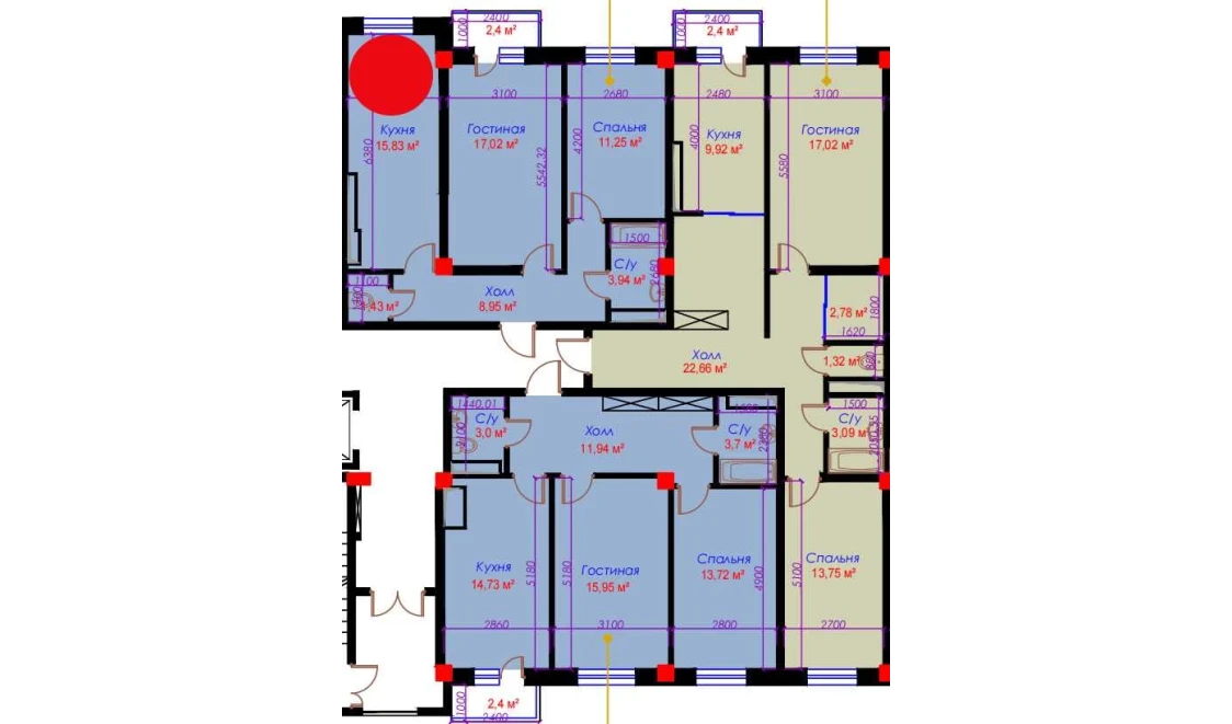 2-xonali xonadon 62.41 m²  5/10 qavat | Ko'kcha-Oqtepa Turar-joy majmuasi