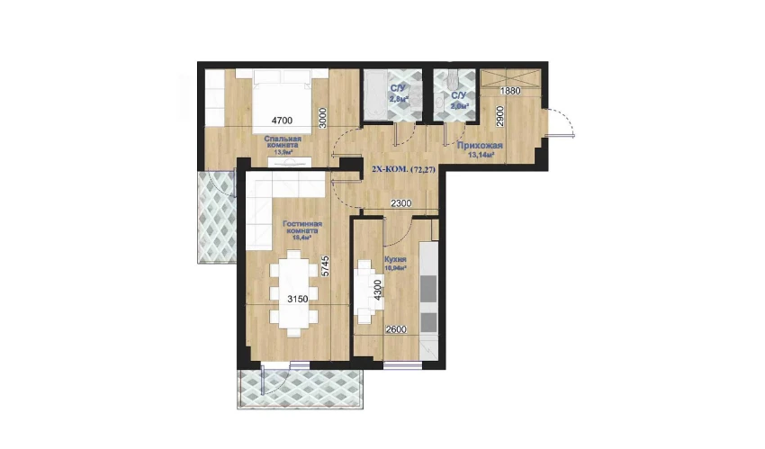 2-комнатная квартира 72.27 м²  6/7 этаж | Жилой комплекс O'ZBEGIM