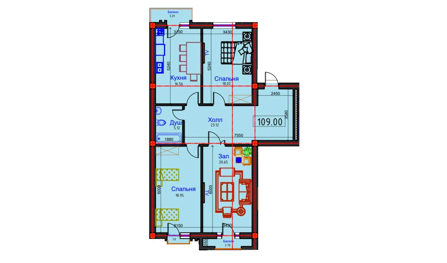 3-xonali xonadon 109 m²  6/9 qavat | BAHOR Turar-joy majmuasi