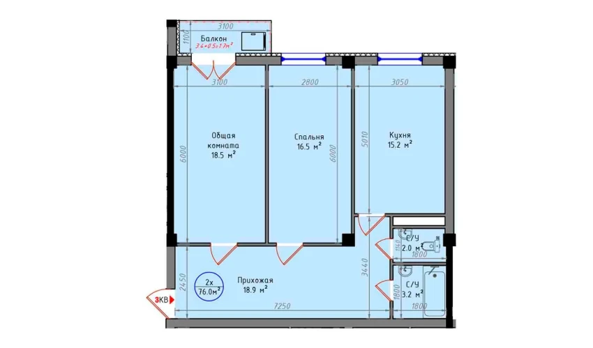 2-xonali xonadon 76 m²  6/12 qavat | Zamin Jizzax Turar-joy majmuasi