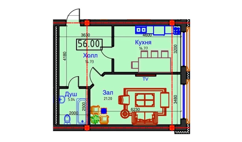 1-комнатная квартира 56 м²  2/9 этаж | Жилой комплекс BAHOR